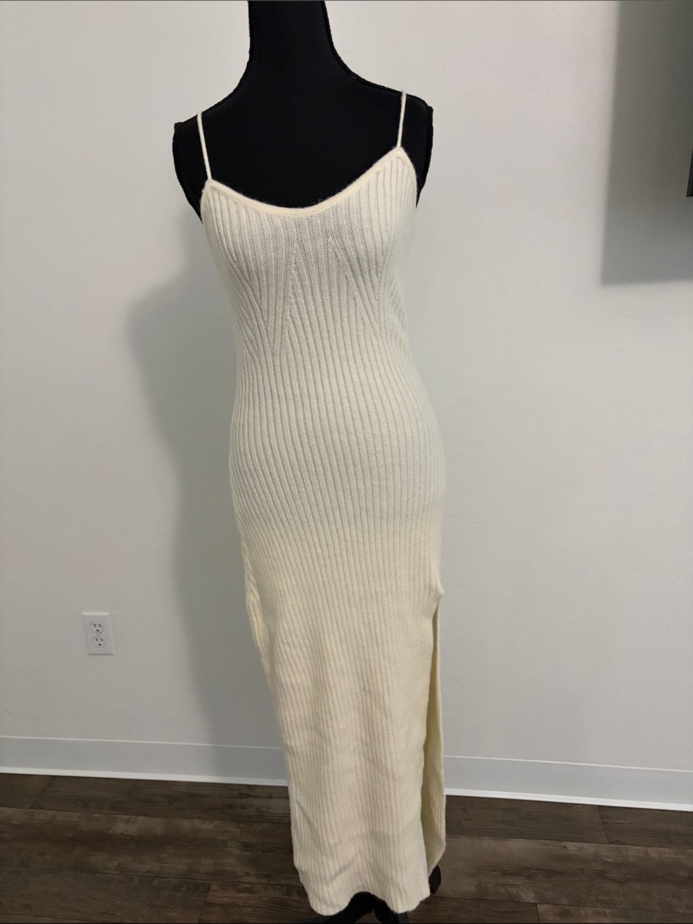 Cream Ribbed Maxi Slip Dress with Side Slit